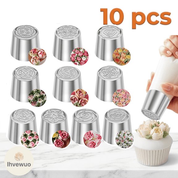 10 Pcs Extra Large Russian Piping Tips Set, Seamless Stainless Steel Flower Frosting Nozzles for Cake Decorating and Cupcakes