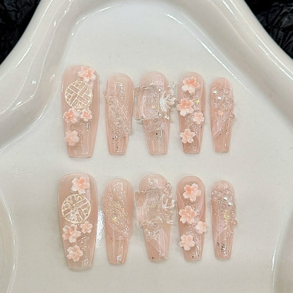 10pcs Gentle Light Pink Handmade False Nails 3D Sweet Peach Flower Crystal Decor Press ON Nails Spring Summer Reusable Fake Nail