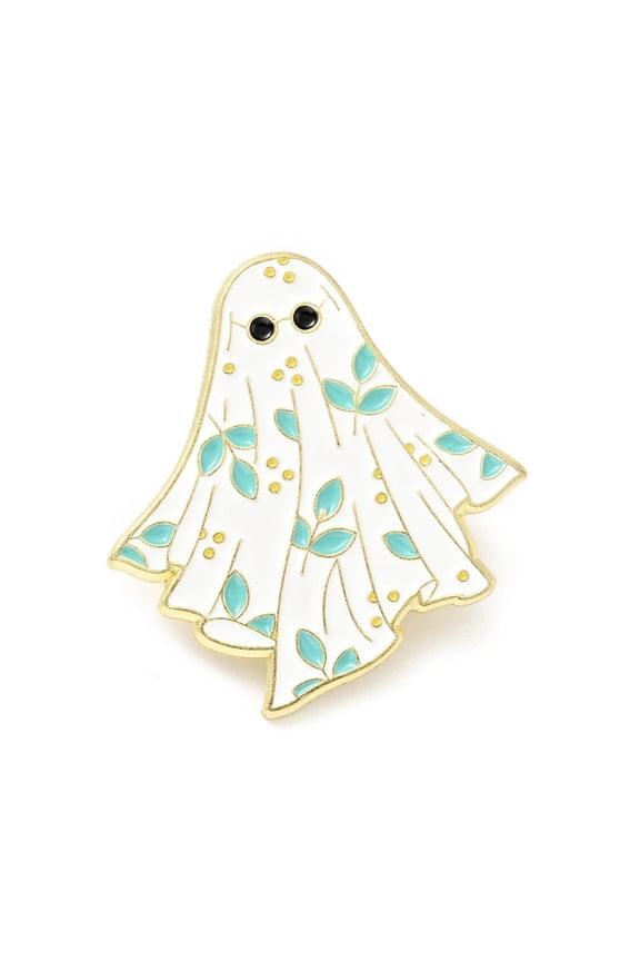 10pcs Ghost with Leaf Enamel Pin Alloy Badge for Backpack Clothes Light golden White 30x29x1.5mm