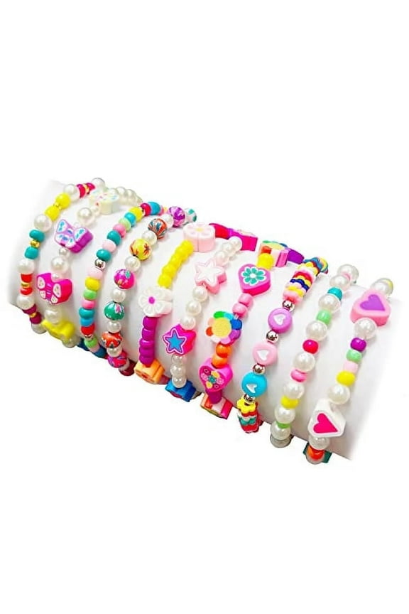 10pcs Girl Bracelet Stretchy Bead Bracelets Colorful Rainbow Boho Bead Pearl Bracelet for Kids Toddlers Little Girls(Random style)