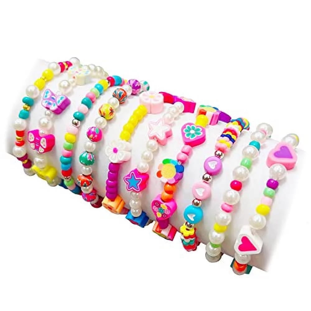10pcs Girl Bracelet Stretchy Bead Bracelets Colorful Rainbow Boho Bead Pearl Bracelet for Kids Toddlers Little Girls(Random style)