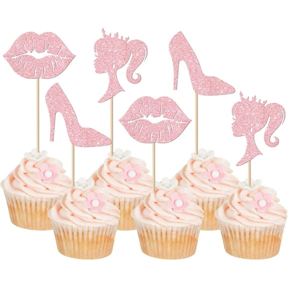 10pcs Girl Therme Birthday Cupcake Toppers Glitter Lip High Heel Princess Doll Head Cupcake Picks Decorations for Baby Bridal Shower Girl Birthday Party Cake Decorations Pink