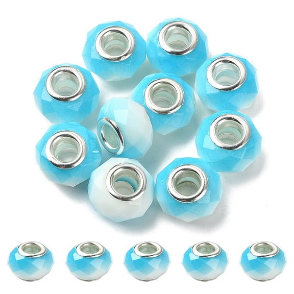 10pcs Glass European Beads Large Hole Beads with Silver Tone Brass Double Cores Faceted Rondelle Light Sky Blue 14x9mm Hole: 5mm