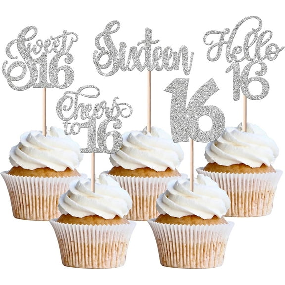 10pcs Glitter 16th Birthday Cupcake Toppers Cheers to 16 Years Sweet 16 Cupcake Decorations Sixteen Hello 16 Birthday Cupcake Toothpicks Happy 16th Birthday Party Cake Decorations Silver