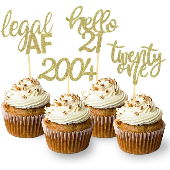 10pcs Glitter 21st Birthday Cupcake Toppers for Celebrating Twenty-One Years Old Birthday Party Decorations (Gold Glitter)