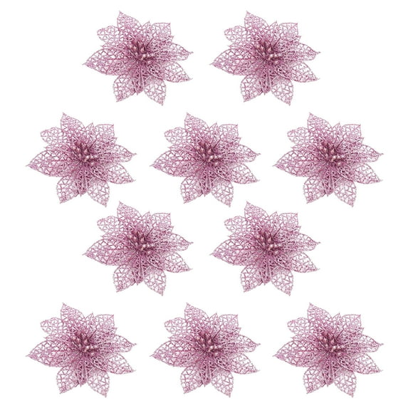 10pcs Glitter Poinsettia Flowers Christmas Tree Ornaments 4.3inch Green Artificial Poinsettia Flowers with Metal Clips Christmas Flowers for Wedding Crafts Decoration