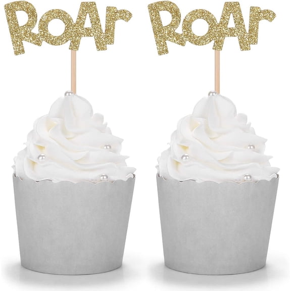 10pcs Glitter Roar Cupcake Toppers Dinosaur Party Picks - Gold