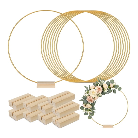 10pcs Gold Centerpieces for Table, Sturdy Metal Hoop Rings in 12" Size, Macrame Wrapped with Wood Stands Ideal for Weddings, Birthdays, Celebrations