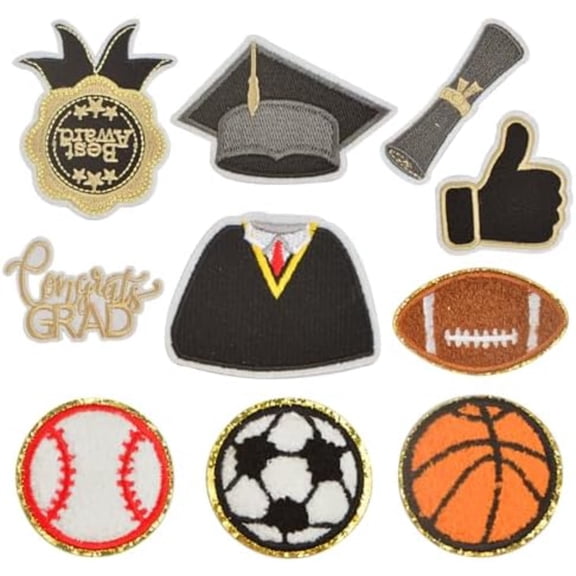 10pcs Graduation Embroidered Patches Congrats Grad Iron on Patch Sport Balls Decorative Repair Appliques Emblem Gifts for DIY Crafts Clothing Jackets Jeans Backpacks Hats