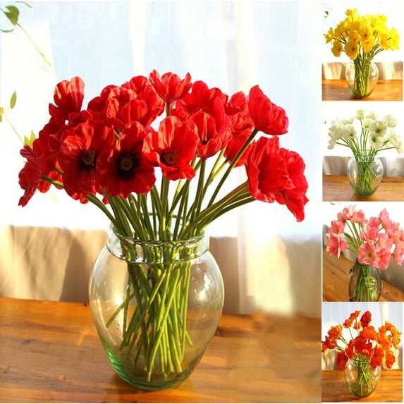 10pcs Green Artificial Poppy Fake Flowers ,13" PU Silk Poppy Flowers for Mother's Day Easter Memorial Day Veterans Day Home Kitchen Wedding Table Centerpiece Decor