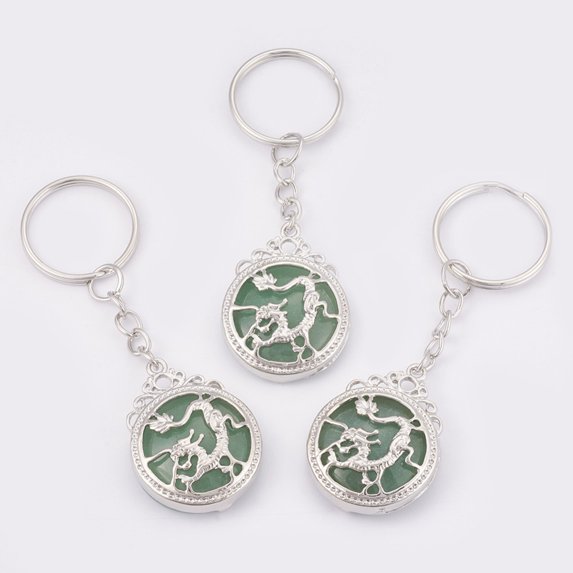 10pcs Green Aventurine Keychain with Iron Key Rings Flat Round with ...