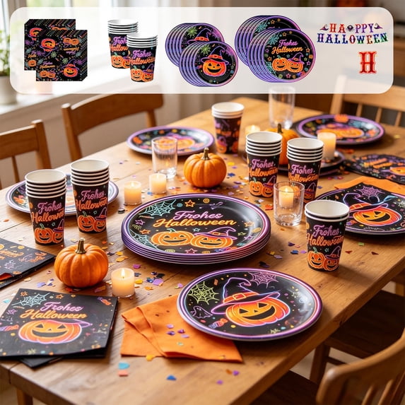 10pcs Halloween Disposable Tableware Set, Spooky Paper Plates and Party Supplies for Dinner Dessert Table, Holiday Celebration Decor and Seasonal Event Accessories Set, 9in, D