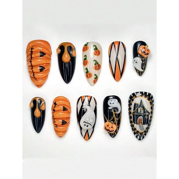10pcs Halloween Medium Almond Shape Press-On Nails, 3D Pumpkin Black Spider Web Bat Print French Tips, Suitable For Girls And Women Daily Wear, Holiday Party And Gift