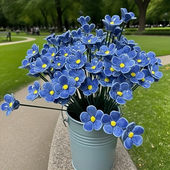 10pcs Handcrafted Ceramic Forgetting Me Flowers, "Blue Love" Crafted by Artisans, Fade-Resistant Eternal Home Decor, Suitable for Indoor and Outdoor Use Perfect Gift