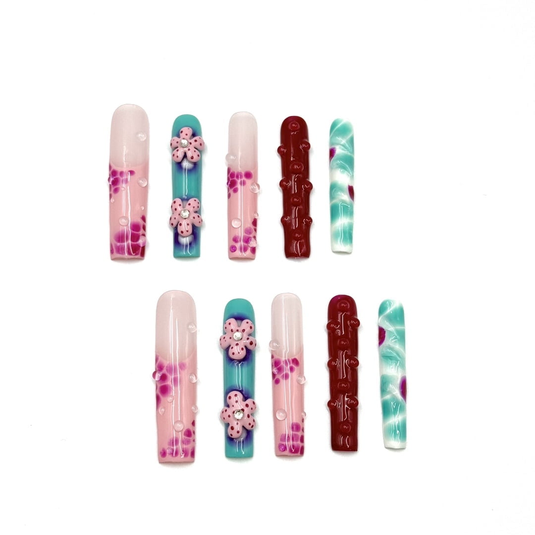 10pcs Handmade Extra Long Press-On Nails 3D Floral & Bubble Design Reusable Luxury Fake Nails