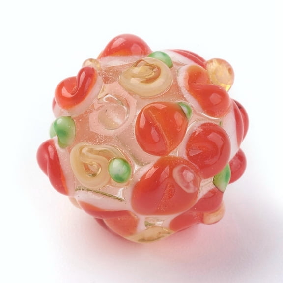 10pcs Handmade Lampwork Beads Rondelle with Flower Bumpy Orange Red 14~15x12~13mm Hole: 1.5~1.8mm