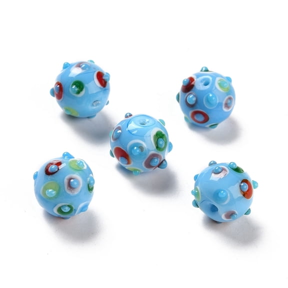 10pcs Handmade Lampwork Beads Round Light Sky Blue 11x13x12.5mm Hole: 1.6mm
