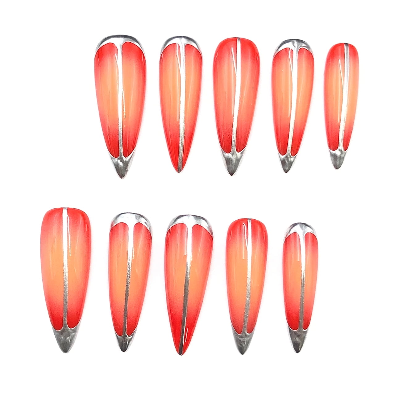 10pcs Handmade Long Coffin Press-On Nails Red Ombre Chrome Design Reusable Fake Nail Tips