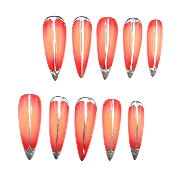 10pcs Handmade Long Coffin Press-On Nails Red Ombre Chrome Design Reusable Fake Nail Tips