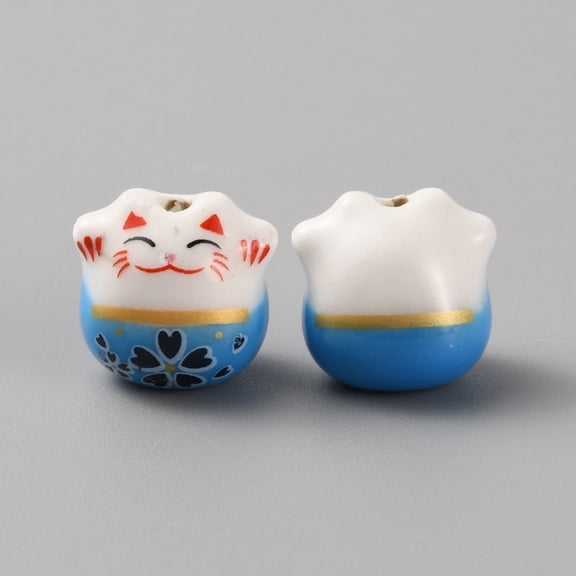 10pcs Handmade Porcelain Beads Famille Rose Porcelain for DIY Accessories Fortune Cat Dodger Blue 13x14x11mm Hole: 2mm