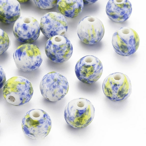 10pcs Handmade Porcelain Beads Round Blue 12mm Hole: 2mm