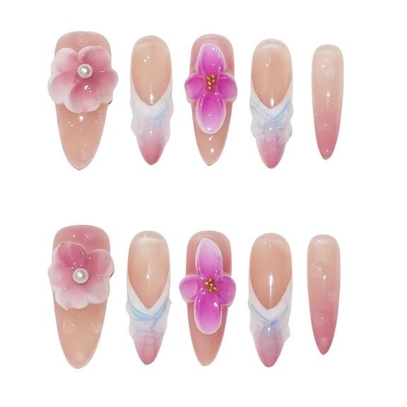 10pcs Handmade Press on Nails Medium Almond 3D Flowers Chrome Shell Ocean Jelly French Tip Thick Reusable Fake Nails,Trendy Tropical Y2K Aesthetic Accessories (S, floral)