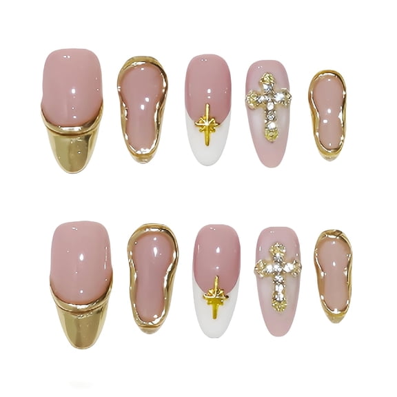 10pcs Handmade Press on Nails Medium Almond 3D Flowers Chrome Shell Ocean Jelly French Tip Thick Reusable Fake Nails,Trendy Tropical Y2K Aesthetic Accessories (M, gold)