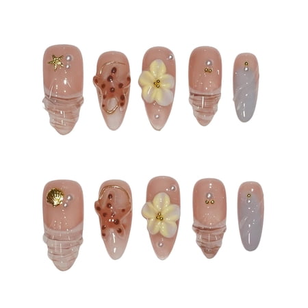 10pcs Handmade Press on Nails Medium Almond 3D Flowers Chrome Shell Ocean Jelly French Tip Thick Reusable Fake Nails,Trendy Tropical Y2K Aesthetic Accessories (M, shell orange)