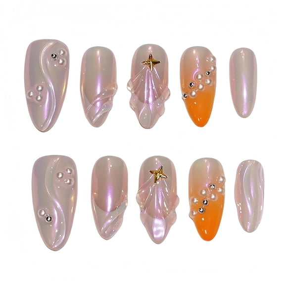 10pcs Handmade Press on Nails Medium Almond 3D Flowers Chrome Shell Ocean Jelly French Tip Thick Reusable Fake Nails,Trendy Tropical Y2K Aesthetic Accessories (M, chrome shell)