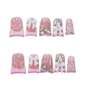 10pcs Handmade Press on Nails Medium Duck Curve Shape – 3D Floral Mushroom Jelly Shell Bow Cherry Chrome Bling Thick Reusable Fake Nails,Boho Y2K Aesthetic Accessories (pink, M)