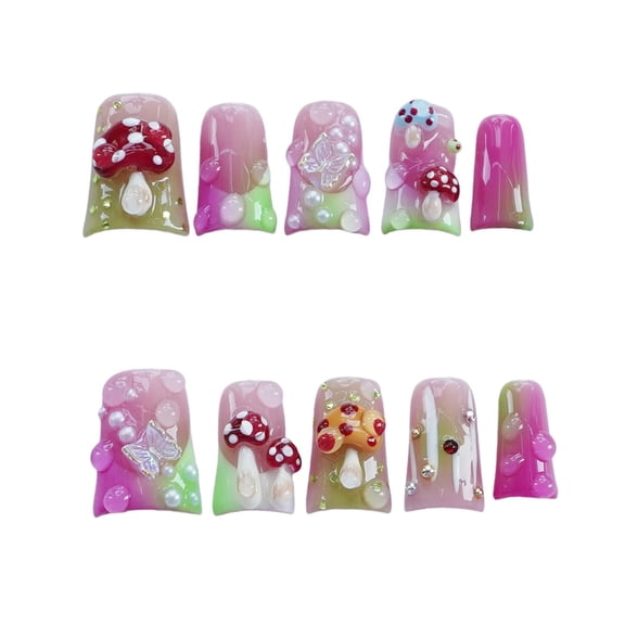 10pcs Handmade Press on Nails Medium Duck Curve Shape – 3D Floral Mushroom Jelly Shell Bow Cherry Chrome Bling Thick Reusable Fake Nails,Boho Y2K Aesthetic Accessories (mushroom, L)