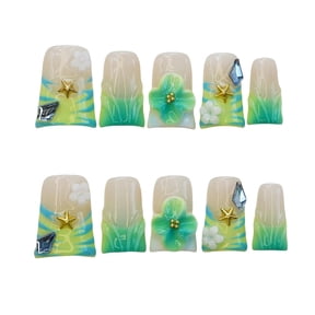 10pcs Handmade Press on Nails Medium Duck Curve Shape – 3D Floral Mushroom Jelly Shell Bow Cherry Chrome Bling Thick Reusable Fake Nails,Boho Y2K Aesthetic Accessories (neon green, XS)
