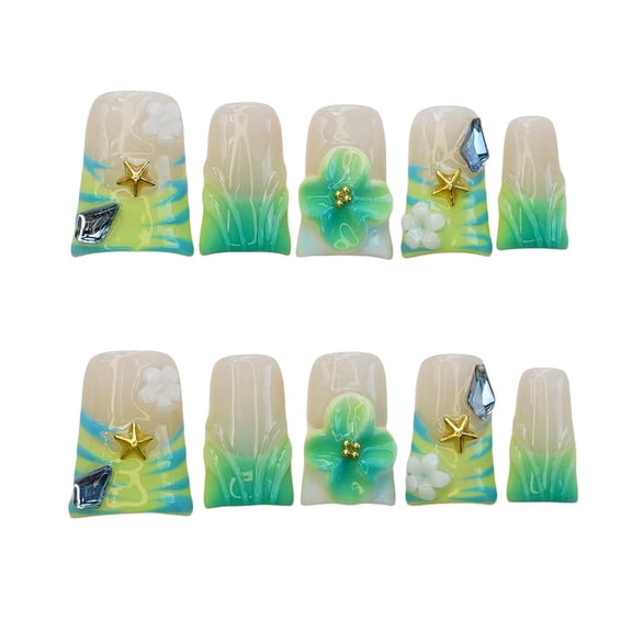 10pcs Handmade Press on Nails Medium Duck Curve Shape – 3D Floral Mushroom Jelly Shell Bow Cherry Chrome Bling Thick Reusable Fake Nails,Boho Y2K Aesthetic Accessories (neon green, XS)
