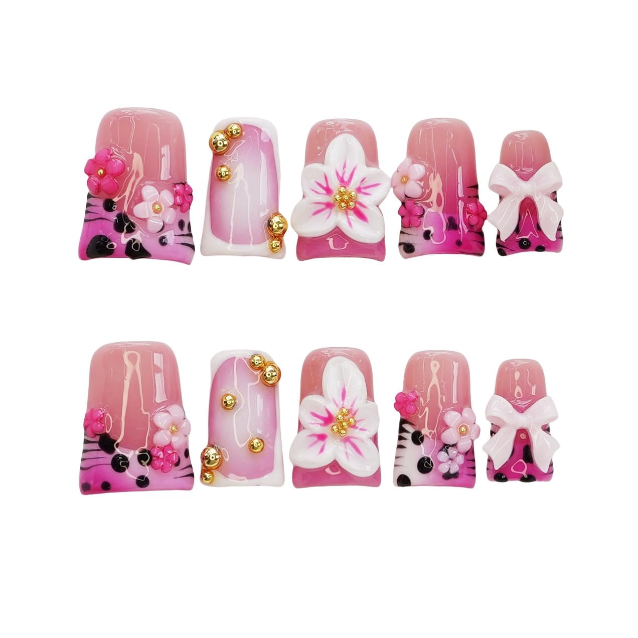 10pcs Handmade Press on Nails Medium Duck Curve Shape – 3D Floral ...