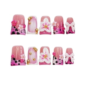 10pcs Handmade Press on Nails Medium Duck Curve Shape – 3D Floral Mushroom Jelly Shell Bow Cherry Chrome Bling Thick Reusable Fake Nails,Boho Y2K Aesthetic Accessories (pink leopard, S)