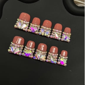 10pcs Handmade Press on Nails for Women - Medium Duck Curve 3D Thick Acrylic Fake Nails Reusable,Designer Floral Butterfly Rhinestones Bling Boho Funky Y2k Nail-art Set,S,iridescence
