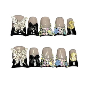 10pcs Handmade Press on Nails for Women - Medium Duck Curve 3D Thick Acrylic Fake Nails Reusable,Designer Floral Butterfly Rhinestones Bling Boho Funky Y2k Nail-art Set,M,black