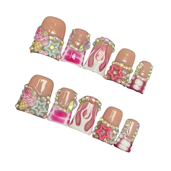 10pcs Handmade Press on Nails for Women - Medium Duck Curve 3D Thick Acrylic Fake Nails Reusable,Designer Floral Butterfly Rhinestones Bling Boho Funky Y2k Nail-art Set,L,pink lips