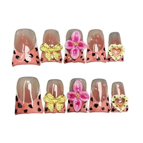 10pcs Handmade Press on Nails for Women - Medium Duck Curve 3D Thick Acrylic Fake Nails Reusable,Designer Floral Butterfly Rhinestones Bling Boho Funky Y2k Nail-art Set,L,pink leopard
