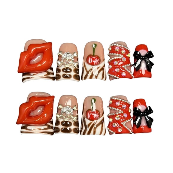 10pcs Handmade Press on Nails for Women - Medium Duck Curve 3D Thick Acrylic Fake Nails Reusable,Designer Floral Butterfly Rhinestones Bling Boho Funky Y2k Nail-art Set,L,red lips