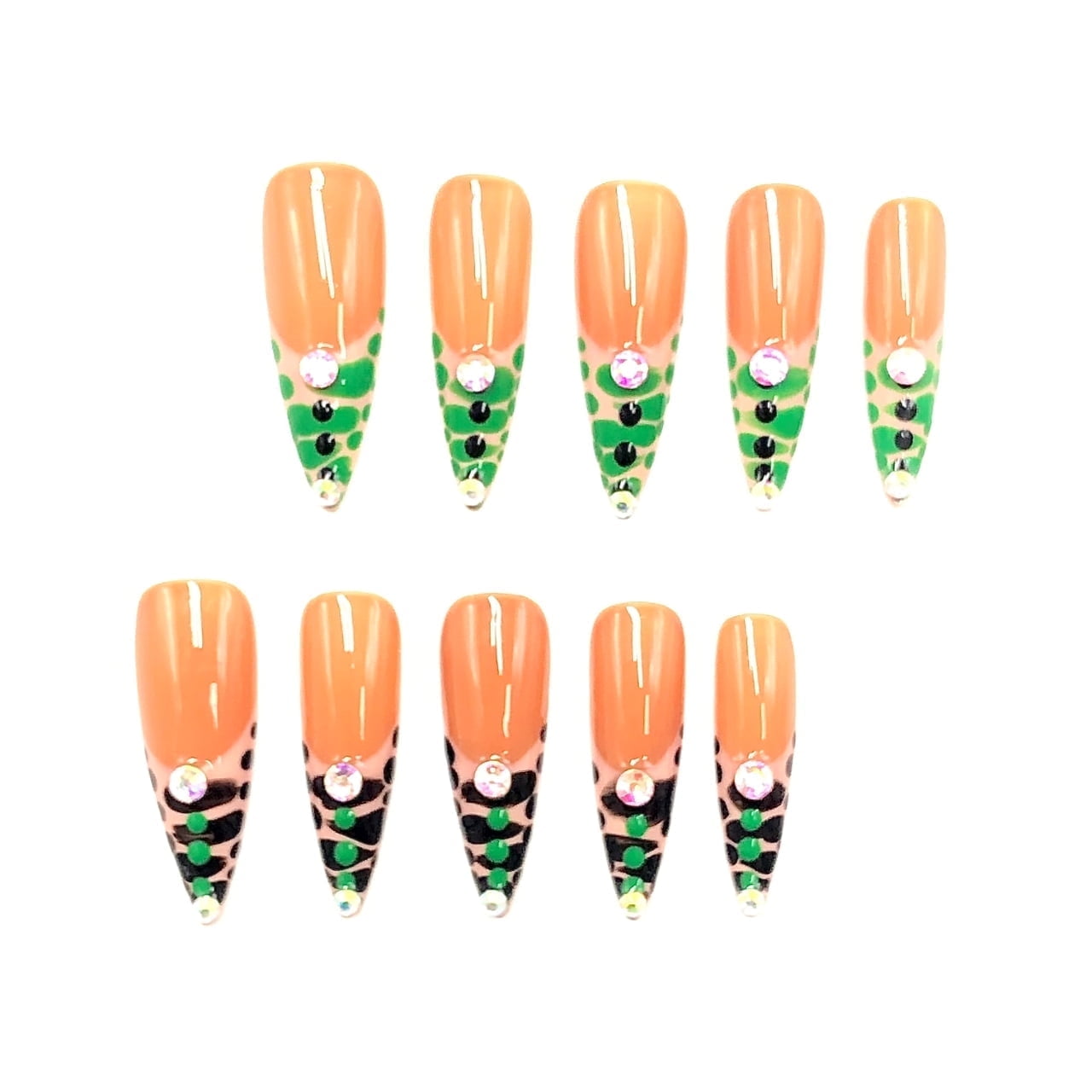 10pcs Handmade Press-On Nails Green Glitter French Tip Long Coffin Fake Nails