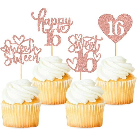 10pcs Happy Sweet 16 Cupcake Toppers Sweet Sixteen 16 Happy 16 Cupcake Picks for 16th Birthday Wedding Anniversary Party Cake Decorations Supplies Rose Gold