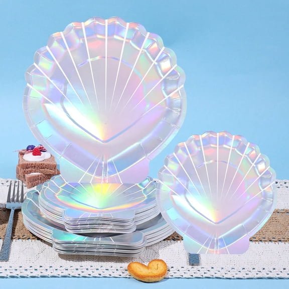 10pcs Holographic Mermaid Shell Shaped 7 Inch And 9 Inch Disposable Rainbow Paper Plates Rainbow Paper Plates Mermaid Theme Party Supplies Suitable For Summer Birthd