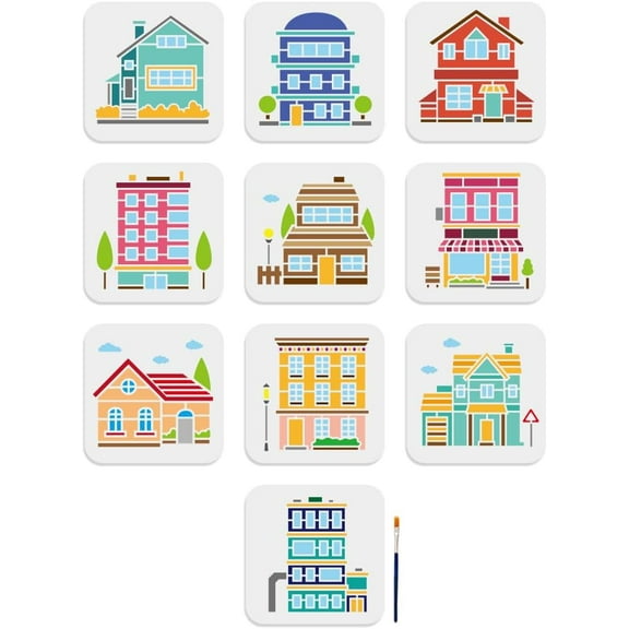 10pcs House Building Stencil 66inch Modern City Buildings Stencil with Paint Brush Reusable Town Rural Architecture Drawing Template for DIY Craft Furniture Wood Canvas Paper Decoration Mixed Color