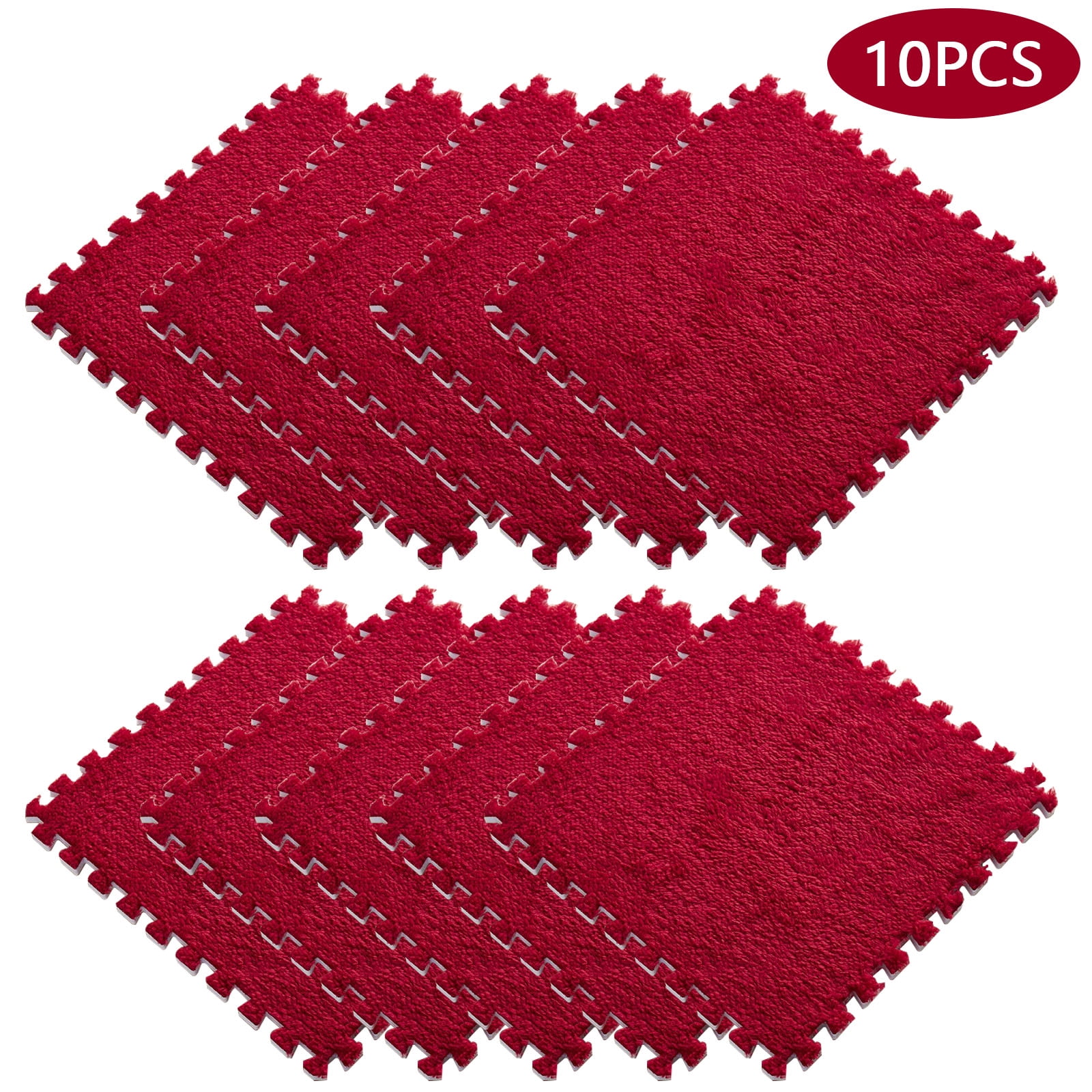 10pcs Interlocking Carpet Shaggy Soft EVA Foam Mats Fluffy Rugs Protective Floor Tiles Exercise Play Mats for Children Kids Room Home Parlor Bedroom, 11.8"*11.8" Red