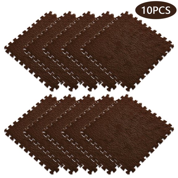 10pcs Interlocking Carpet Shaggy Soft EVA Foam Mats Fluffy Rugs Protective Floor Tiles Exercise Play Mats for Children Kids Room Home Parlor Bedroom, 11.8"*11.8" Brown