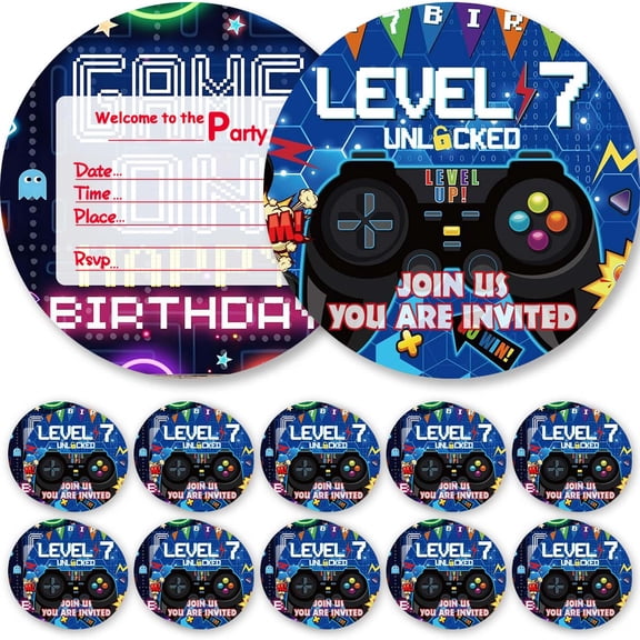 10pcs Invitations Video Game Level 7th Cards Invites Birthday Party Decorations