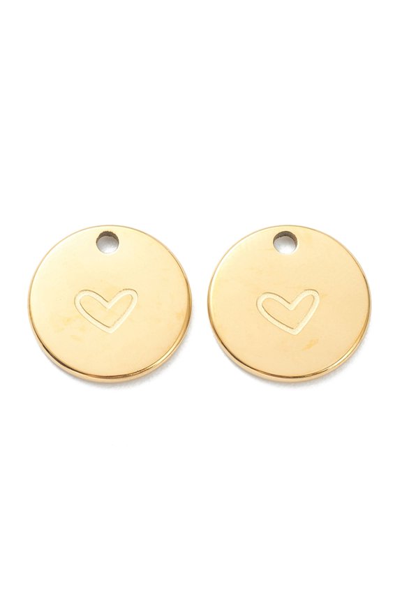 10pcs Ion Plating(IP) 304 Stainless Steel Charms Flat Round with Heart Real 18K golden Plated 11.5x1mm Hole: 1.5mm