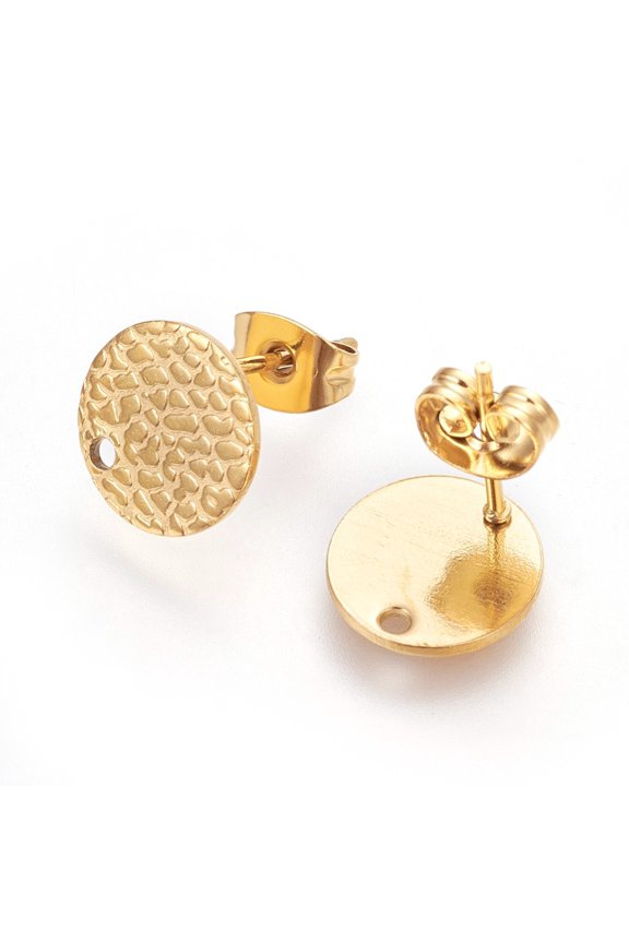 10pcs Ion Plating(IP) 304 Stainless Steel Ear Stud Findings with Ear Nuts/Earring Backs and Hole Textured Flat Round with Spot Lines Golden 10mm Hole: 1.2mm Pin: 0.8mm