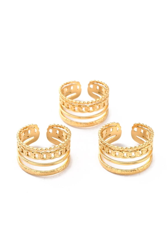 10pcs Ion Plating(IP) 304 Stainless Steel Finger Rings Cuff Rings Long-Lasting Curb Chain Shape Golden 8~12mm Size 7 1/4(17.5mm)
